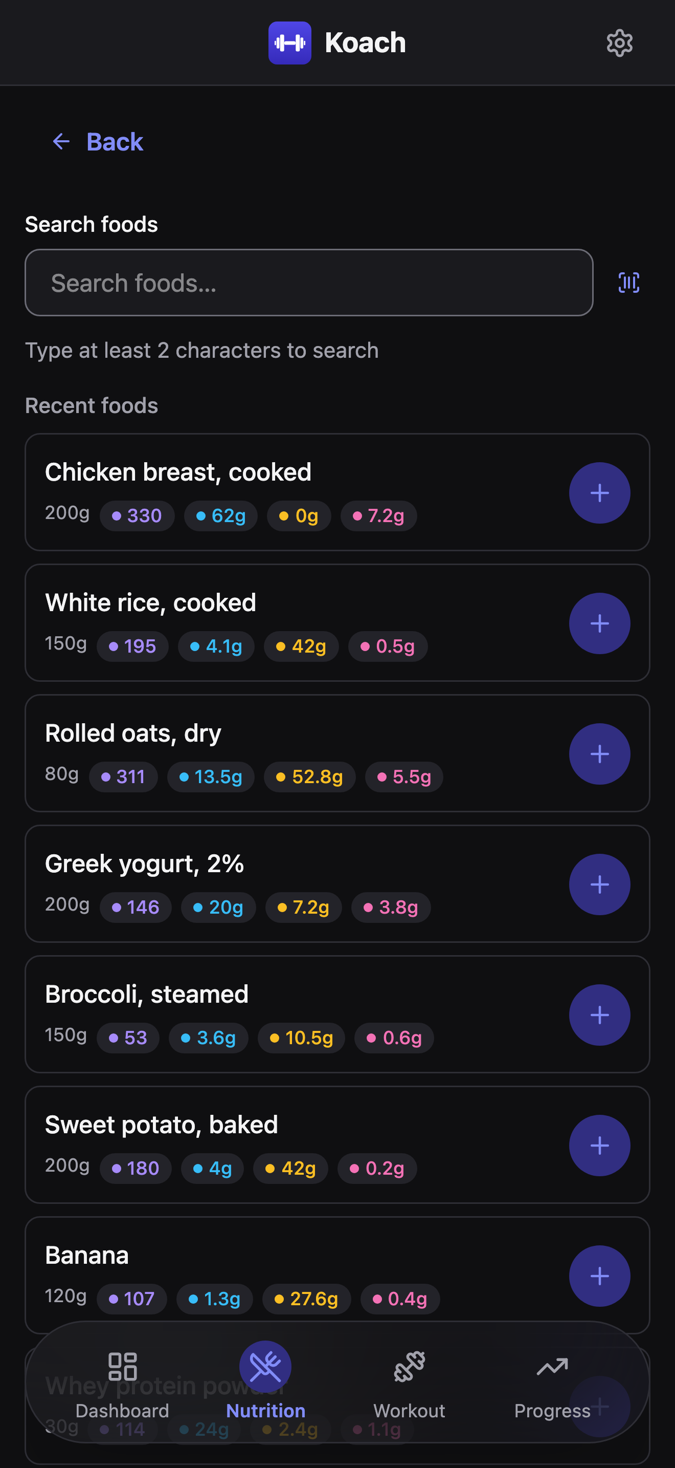The Add a food screen: a Search foods field with a barcode-scan icon inside it, and a Recent foods list starting with Chicken breast, cooked - each row showing its last-used serving, macro chips, and a trailing + button to add it to a multi-select batch - with a Show more button below the list and a Can't find it? Add a custom food link beneath it.