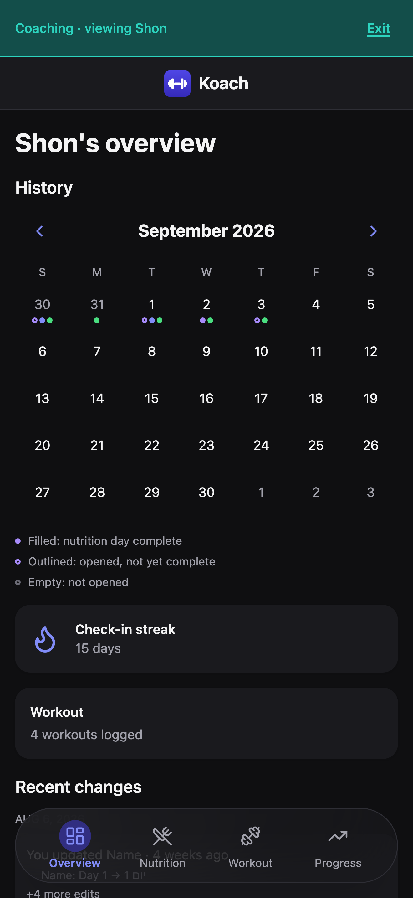 A client's Overview tab seen from coach context, with the teal 'Coaching · viewing Shon' banner, a History calendar for September 2026 with nutrition-day dots and legend, a 15-day check-in streak, workouts logged, and the start of a Recent changes list.