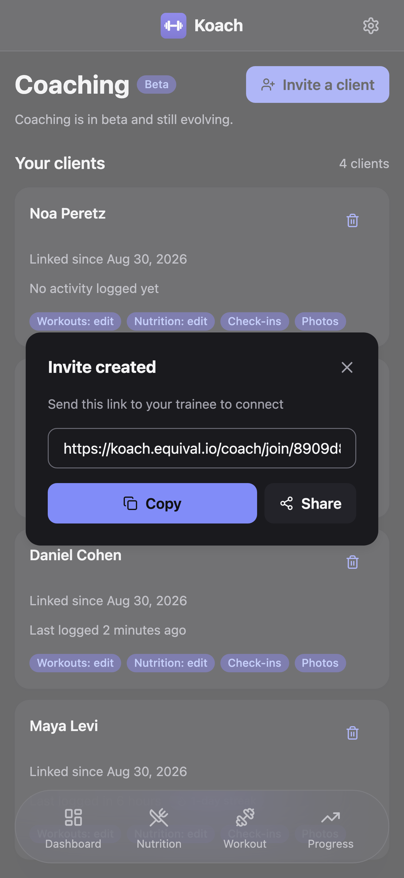 The Coaching page with the 'Invite created' dialog open over the client roster: the invite link in a text field, with Copy and Share buttons below it.
