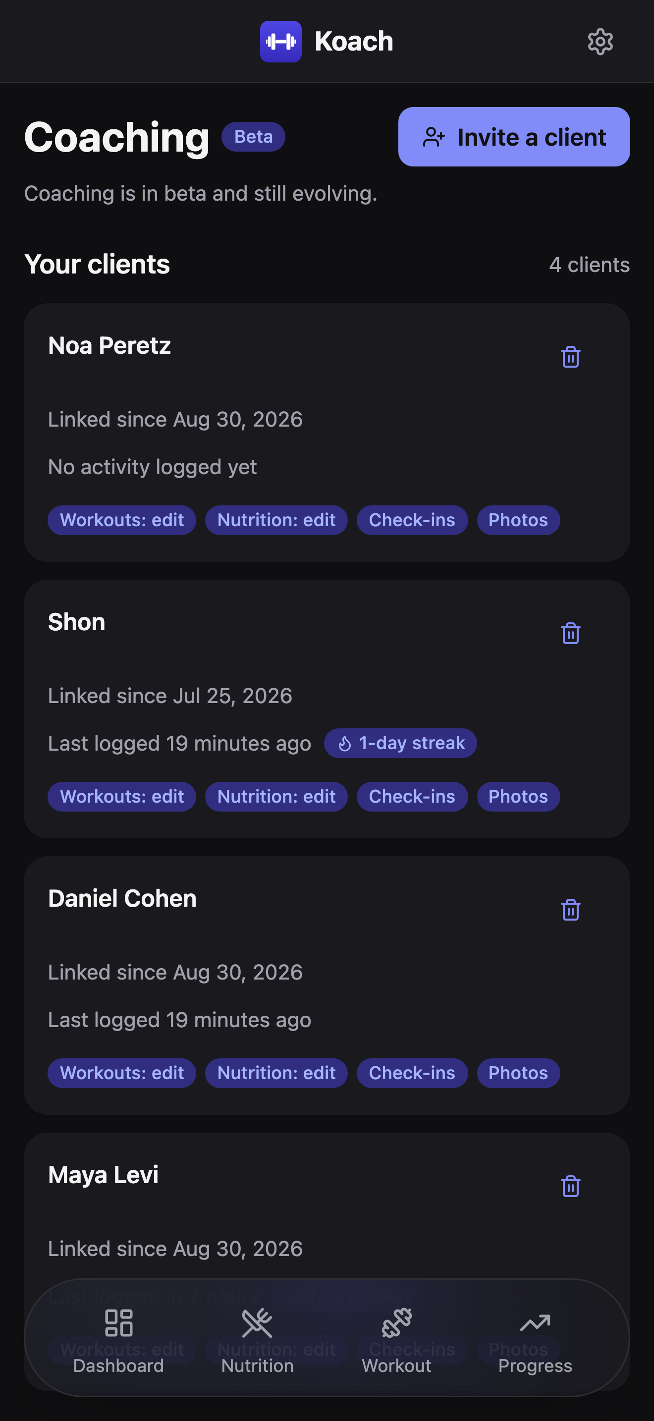 The Coaching page's Your clients list showing 4 connected clients - Noa Peretz, Shon, Daniel Cohen, and Maya Levi - each tagged Workouts: edit, Nutrition: edit, Check-ins, and Photos.