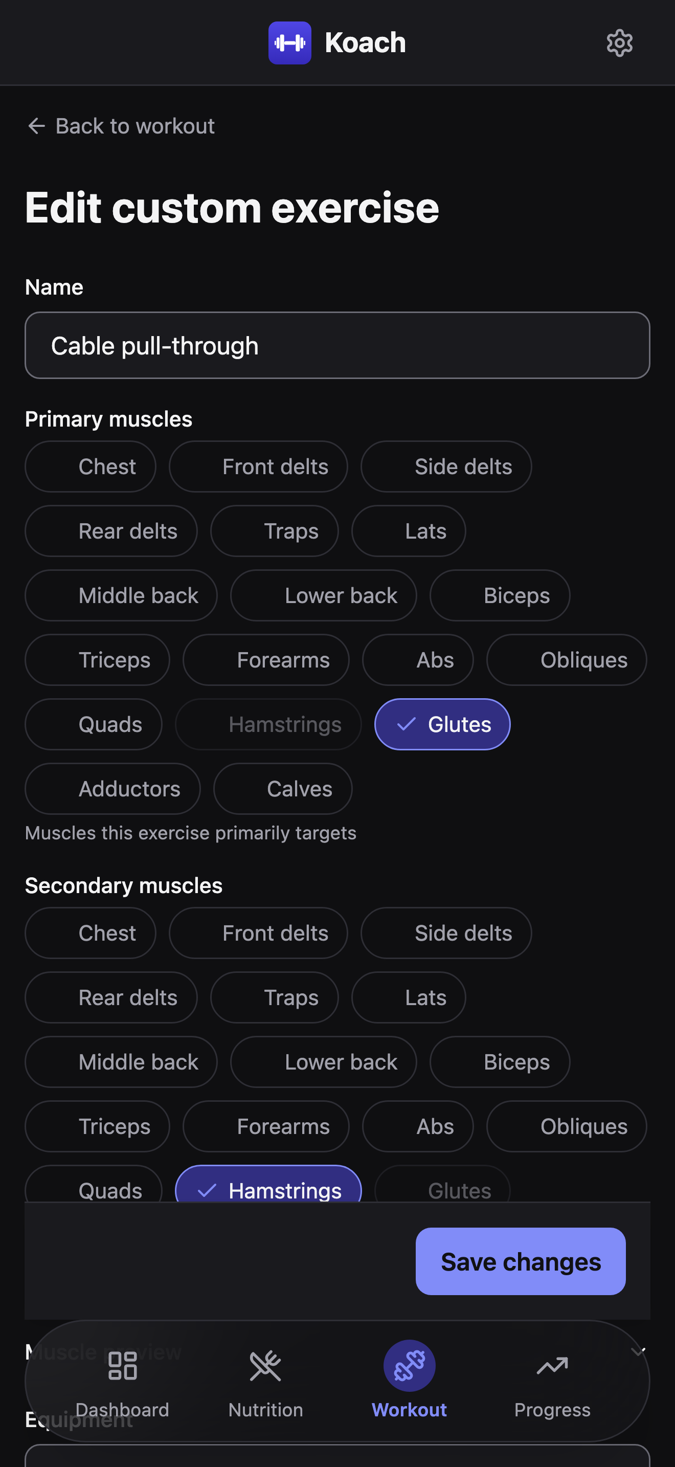 The Edit custom exercise form for Cable pull-through: a Name field, primary and secondary muscle chip grids with Glutes and Hamstrings selected, and a sticky Save changes bar pinned at the bottom.