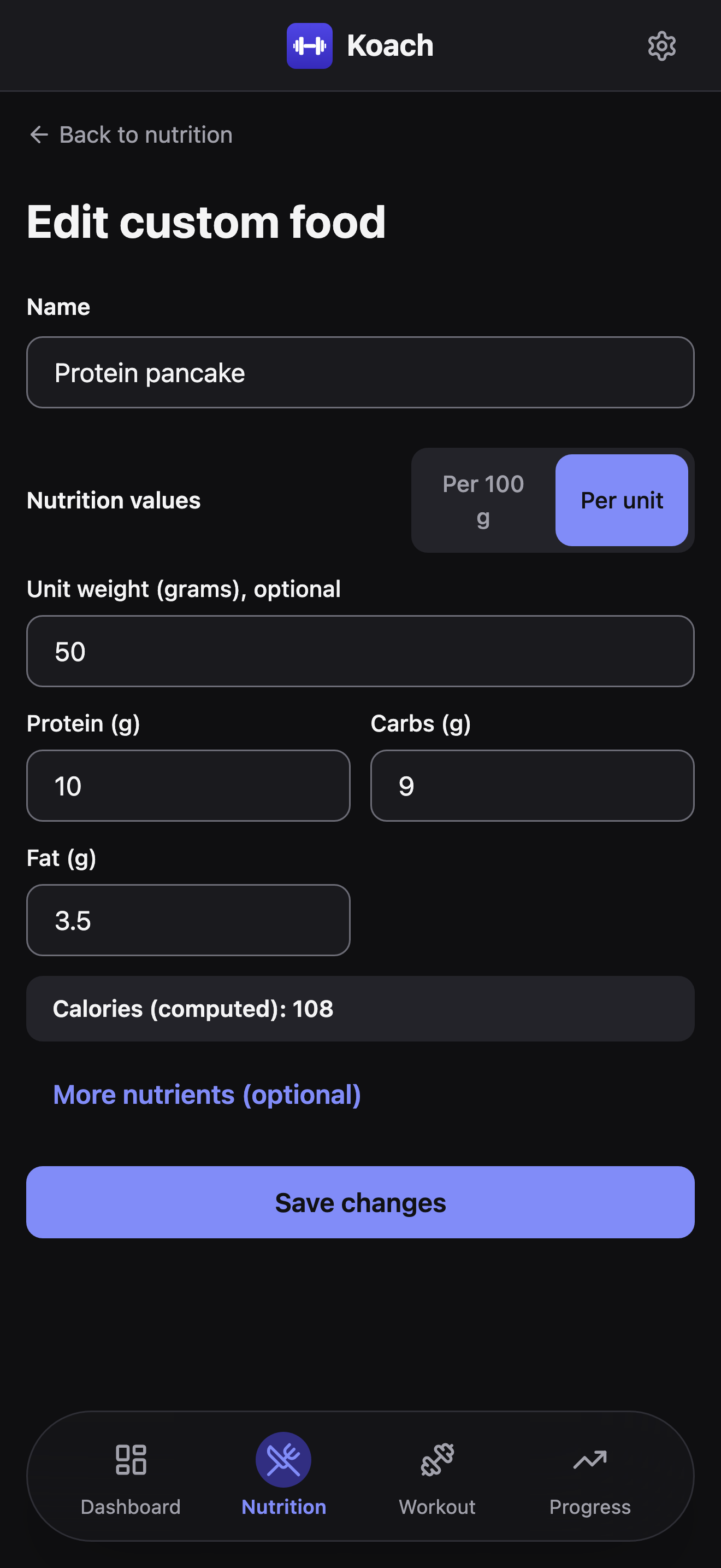 The Edit custom food form for Protein pancake in Per unit mode, with Unit weight 50g, Protein 10g, Carbs 9g, Fat 3.5g, computed Calories 108, and a Save changes button.