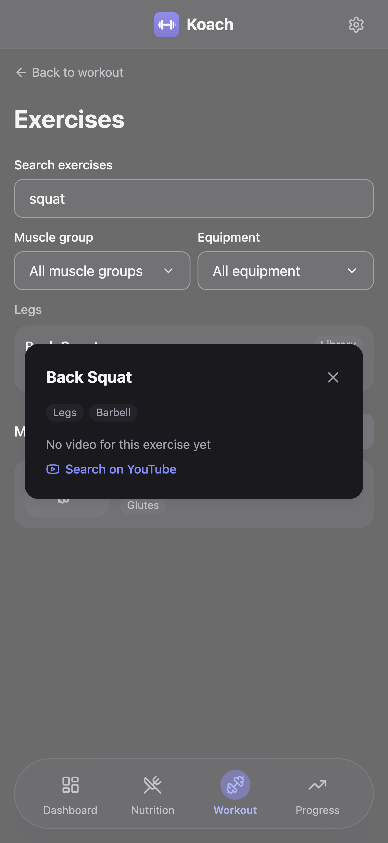 The Back Squat exercise detail dialog open over the Exercises page: tags Legs and Barbell, the message 'No video for this exercise yet', and a Search on YouTube link.