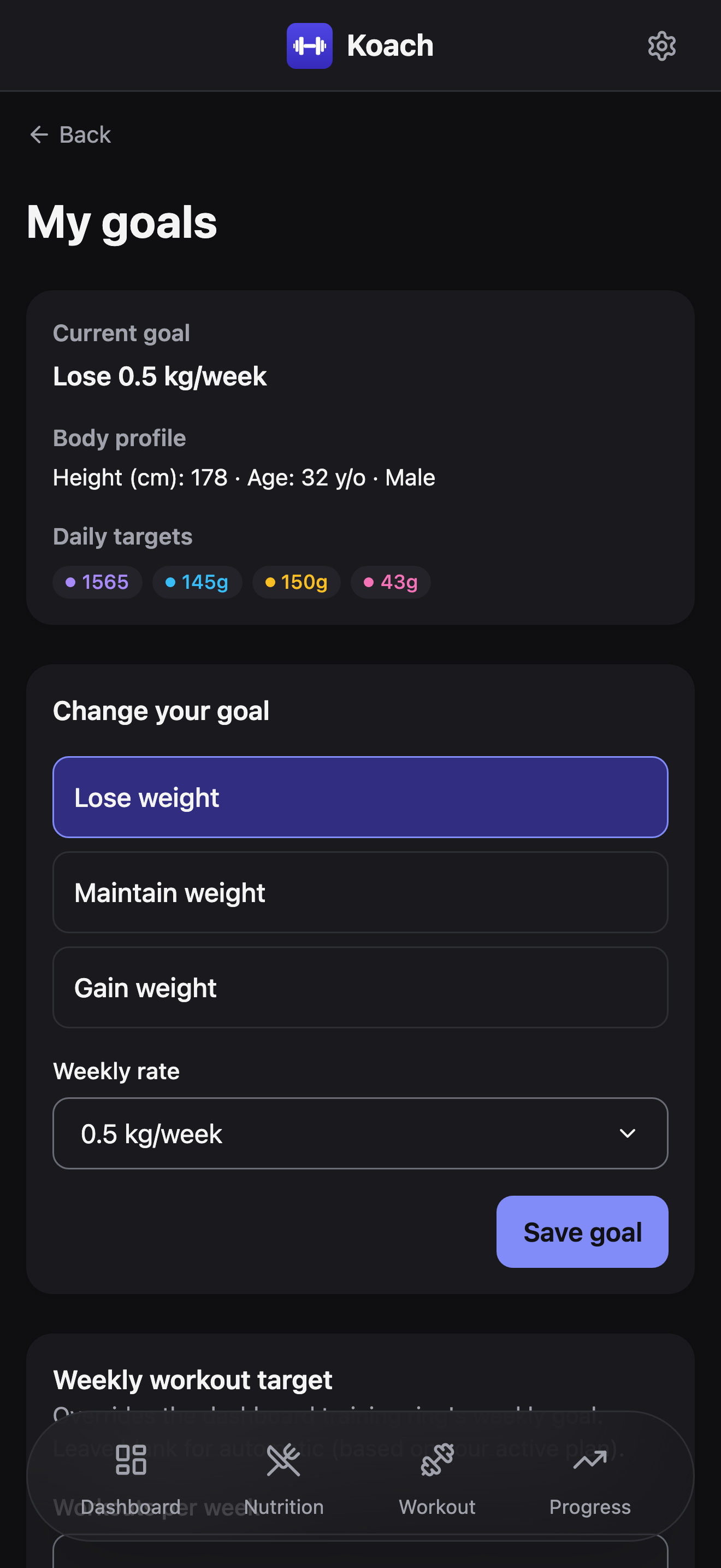 The My goals screen: a current goal of losing 0.5 kg/week, a body profile of 178 cm, age 32, male, and daily targets of 1565 kcal, 145g protein, 150g carbs, and 43g fat, above the goal-change form.