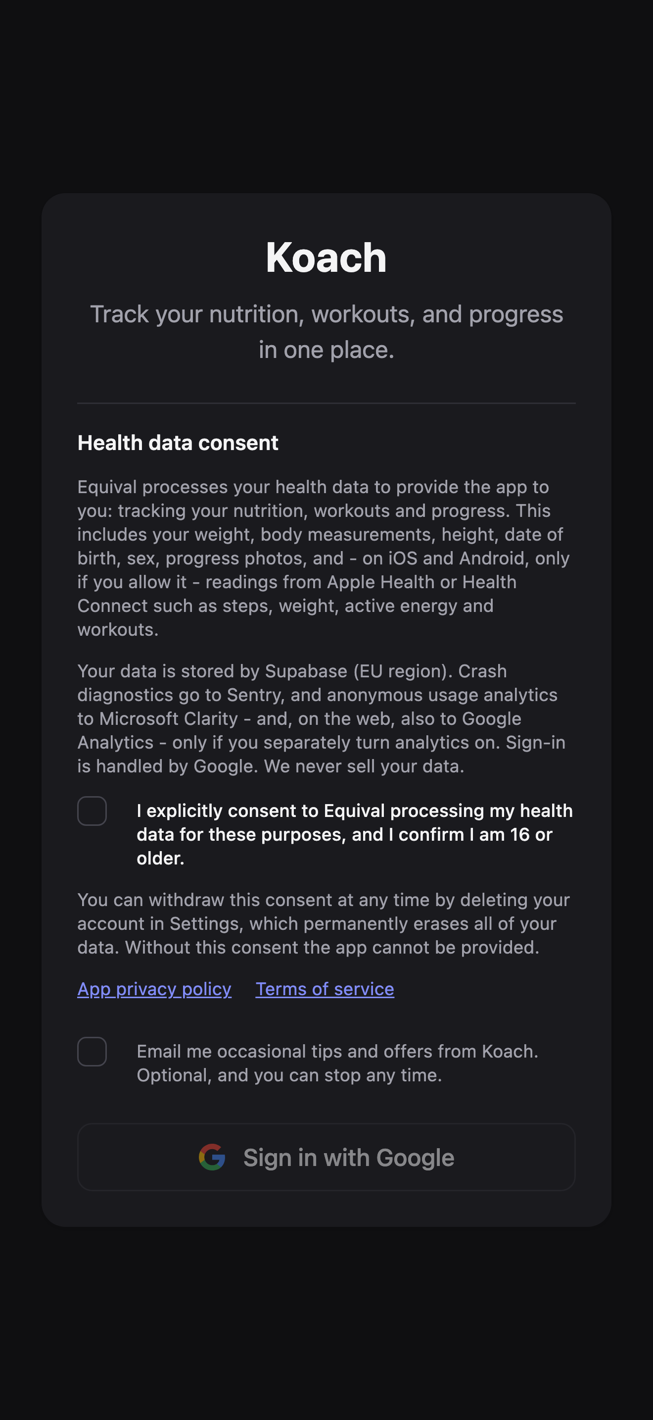 The sign-in screen: the Koach logo and tagline, a Health data consent section with its consent checkbox, an optional marketing-email checkbox, and a Sign in with Google button.