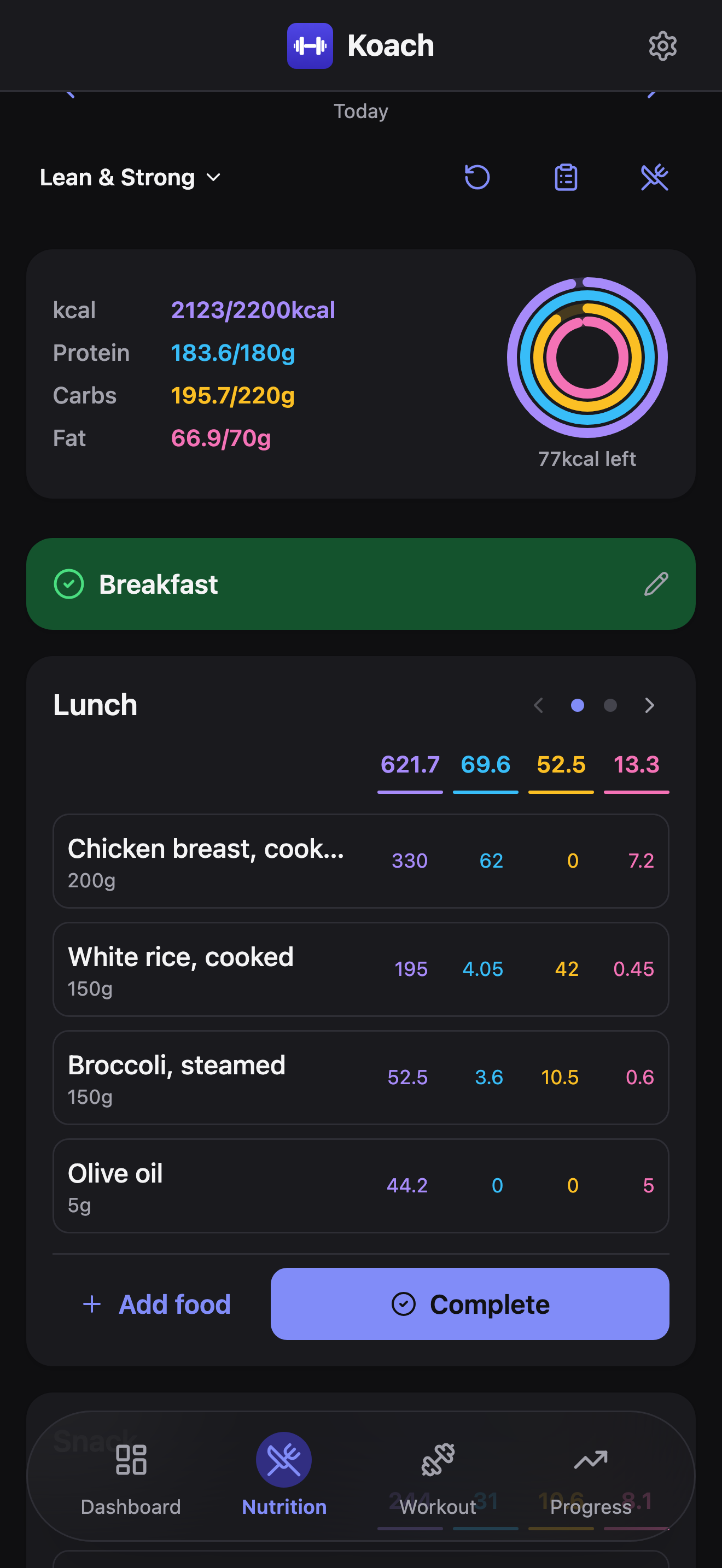 Today's nutrition view scrolled to the Lunch card, its dot pager on the first option, showing Chicken breast, White rice, Broccoli, and Olive oil with Add food and Complete buttons below.
