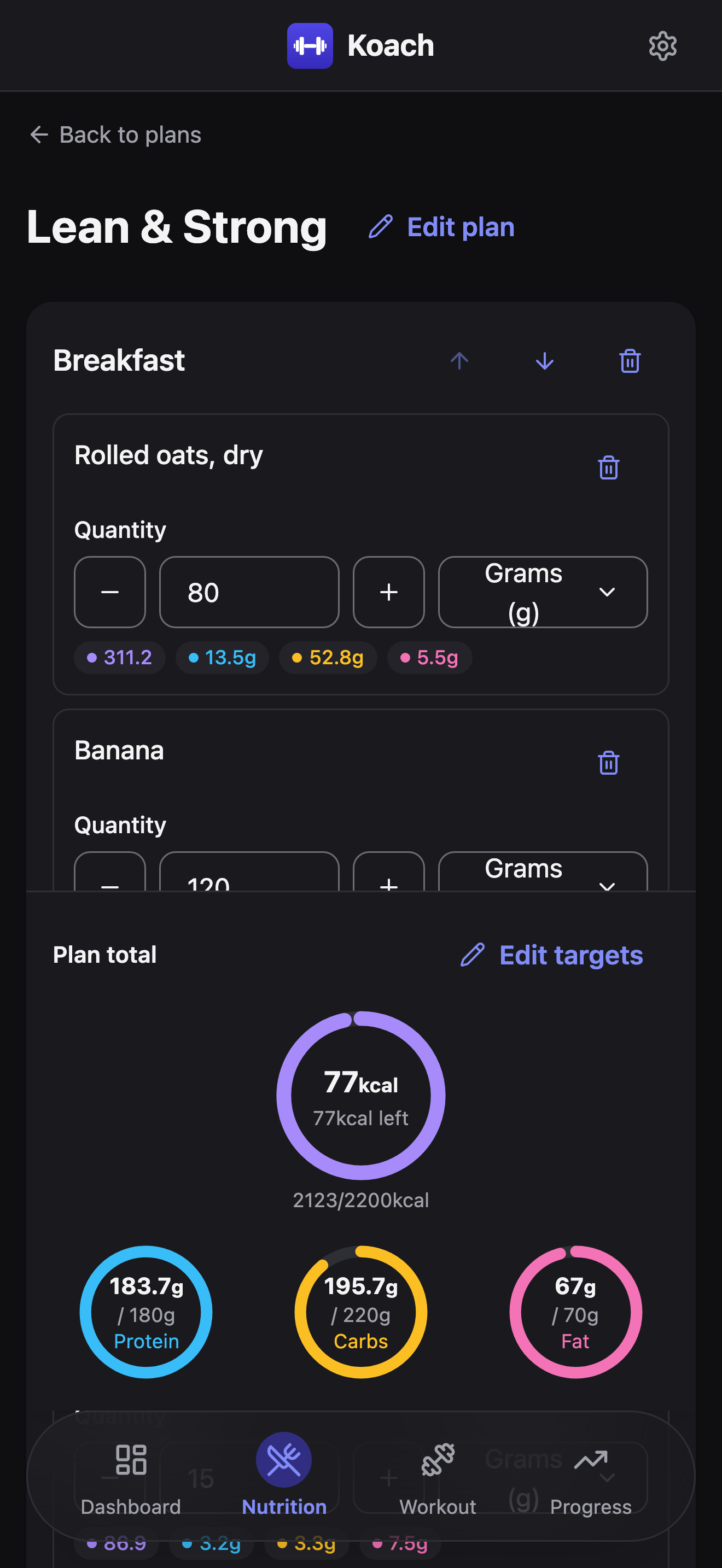 The plan editor for Lean & Strong, showing a Breakfast meal with Rolled oats and Banana each with a quantity in grams and running macro totals, plus the sticky Plan total panel with rings for calories, protein, carbs, and fat.