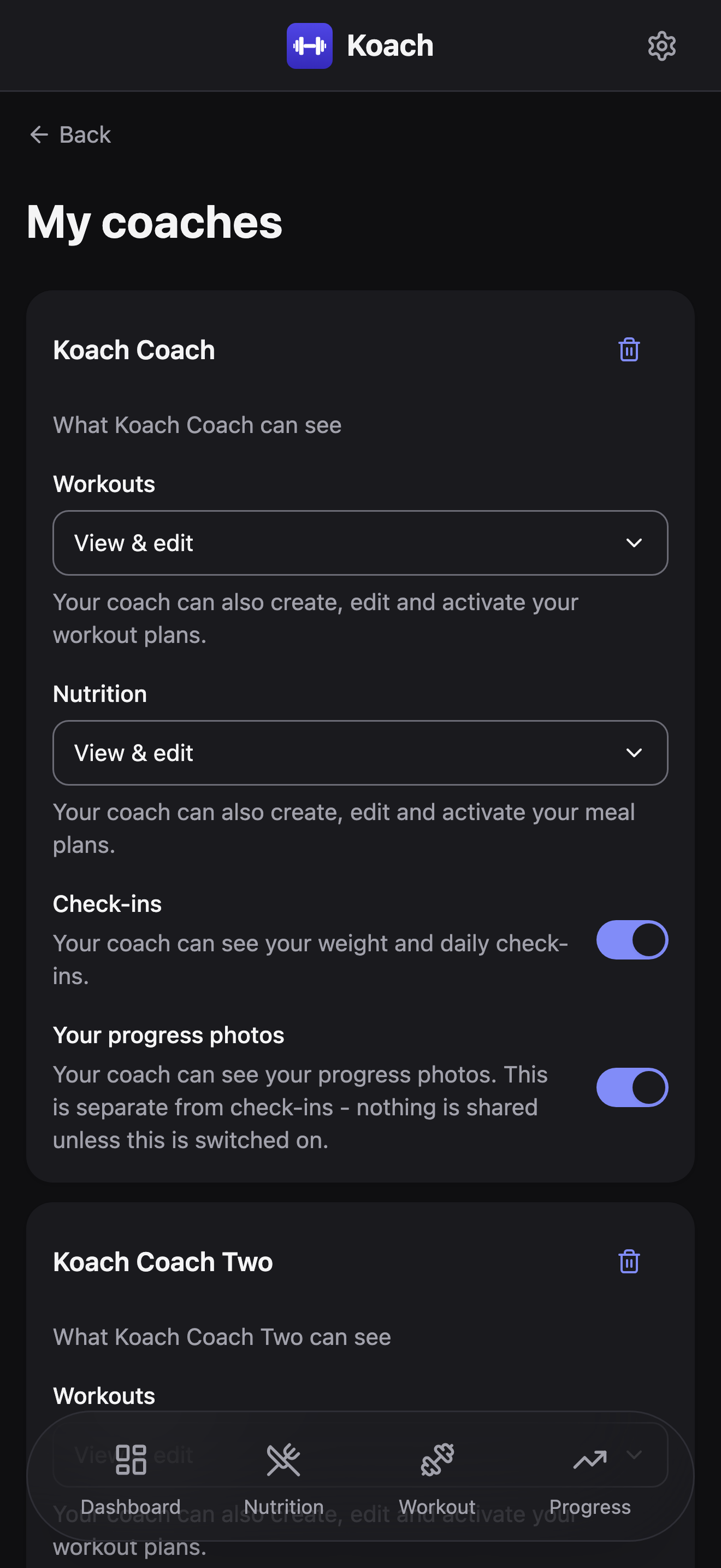 The My coaches settings page, seen from a trainee's account: a Koach Coach entry with Workouts and Nutrition dropdowns set to View & edit, and Check-ins and Your progress photos toggles both switched on.
