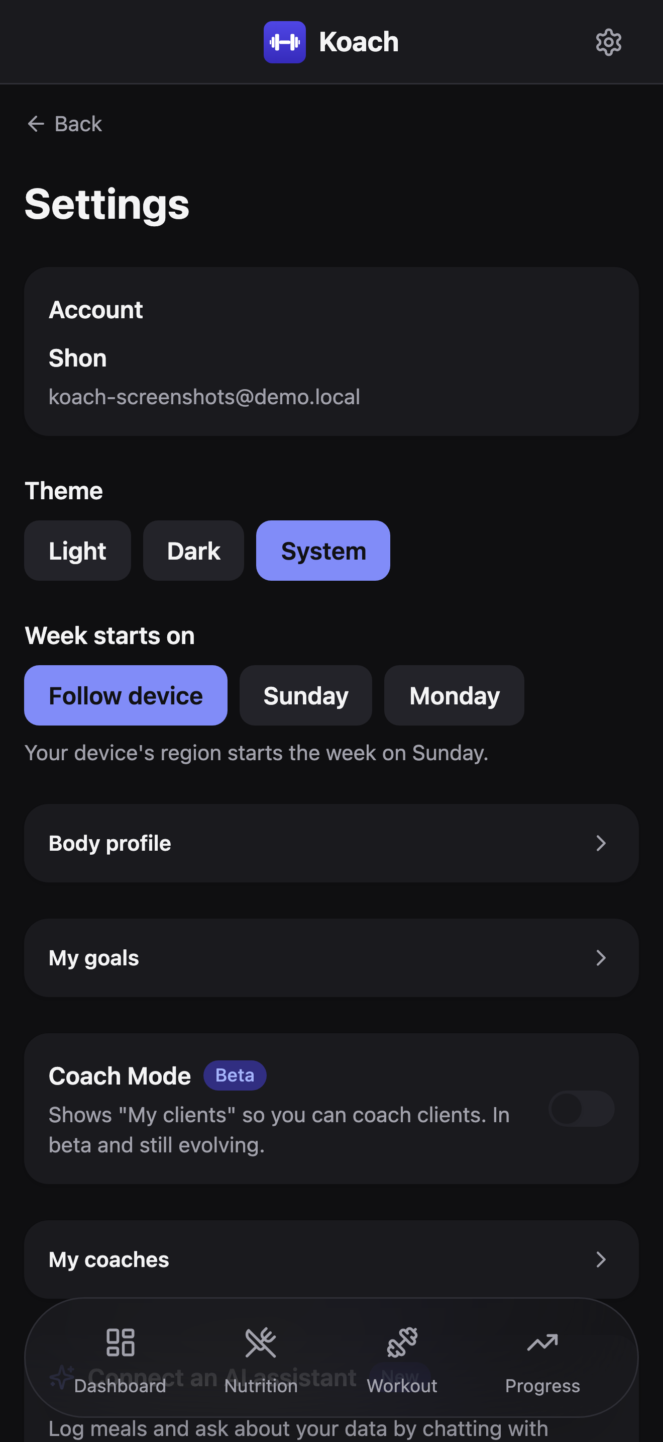 The Settings page: Account details, Theme and Week starts on pickers, then Body profile, My goals, and Coach Mode rows with My coaches below.