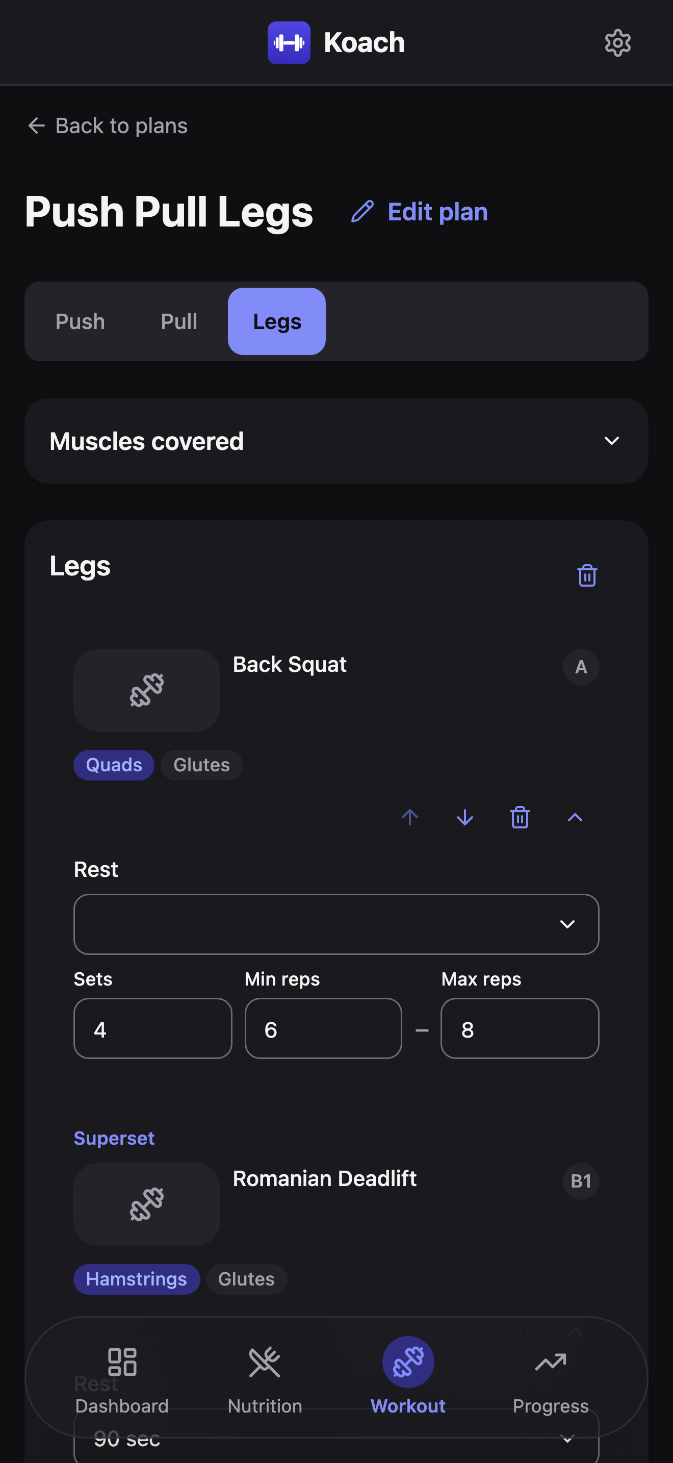 The plan editor's Legs tab: Back Squat (badge A) with its rest, sets, and rep-range fields expanded, and Romanian Deadlift (badge B1) grouped below it under a Superset label with an accent border joining both cards.