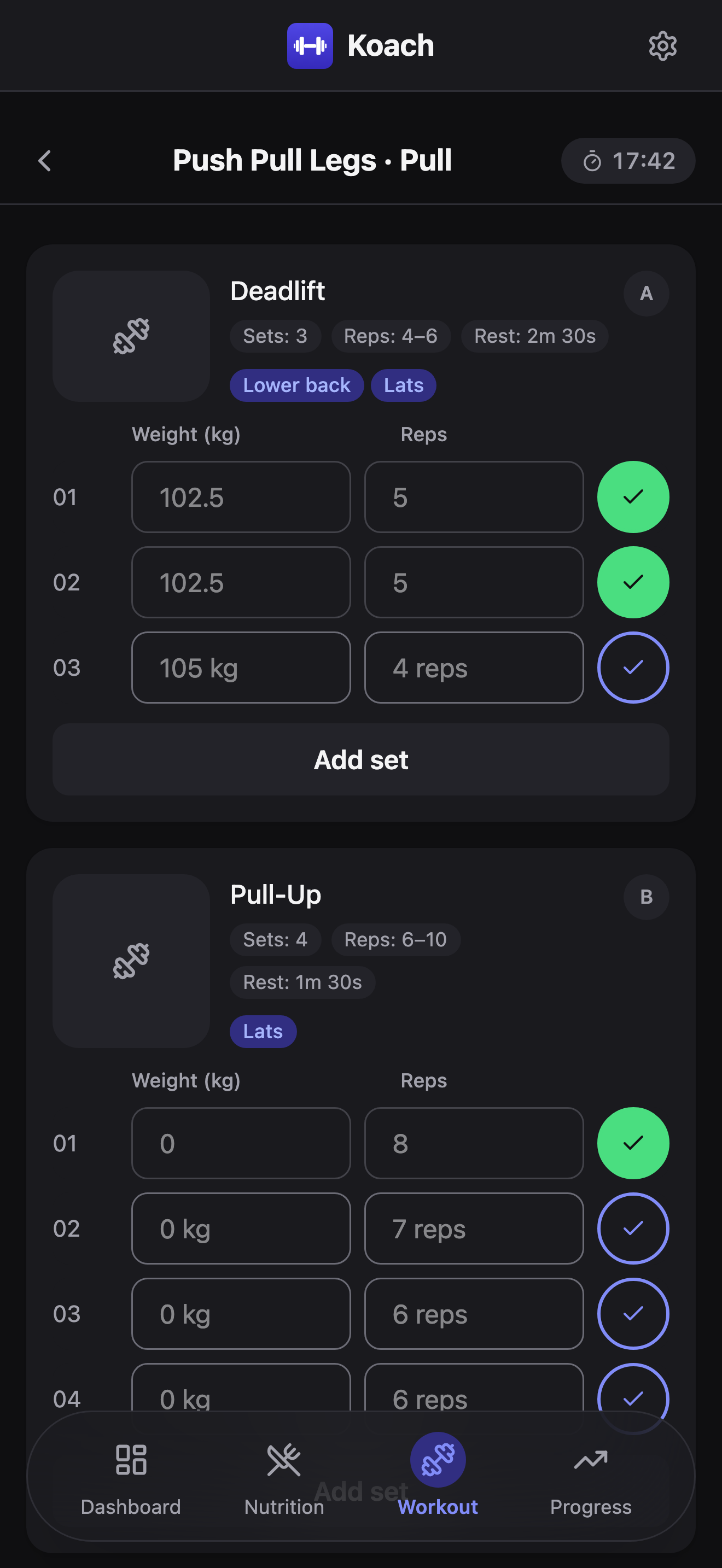 An active Push Pull Legs · Pull session: Deadlift (badge A) with two sets logged at 102.5 kg x 5 and a third row showing 105 kg / 4 reps as grey placeholders, Pull-Up (badge B) below it, and a running session timer in the header.