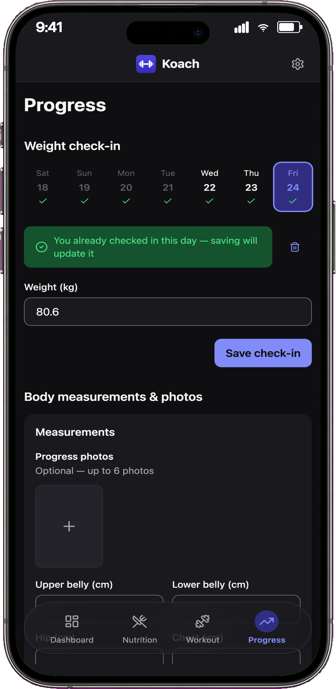 Calendar view with a day's detail open, showing nutrition, workout and check-in status