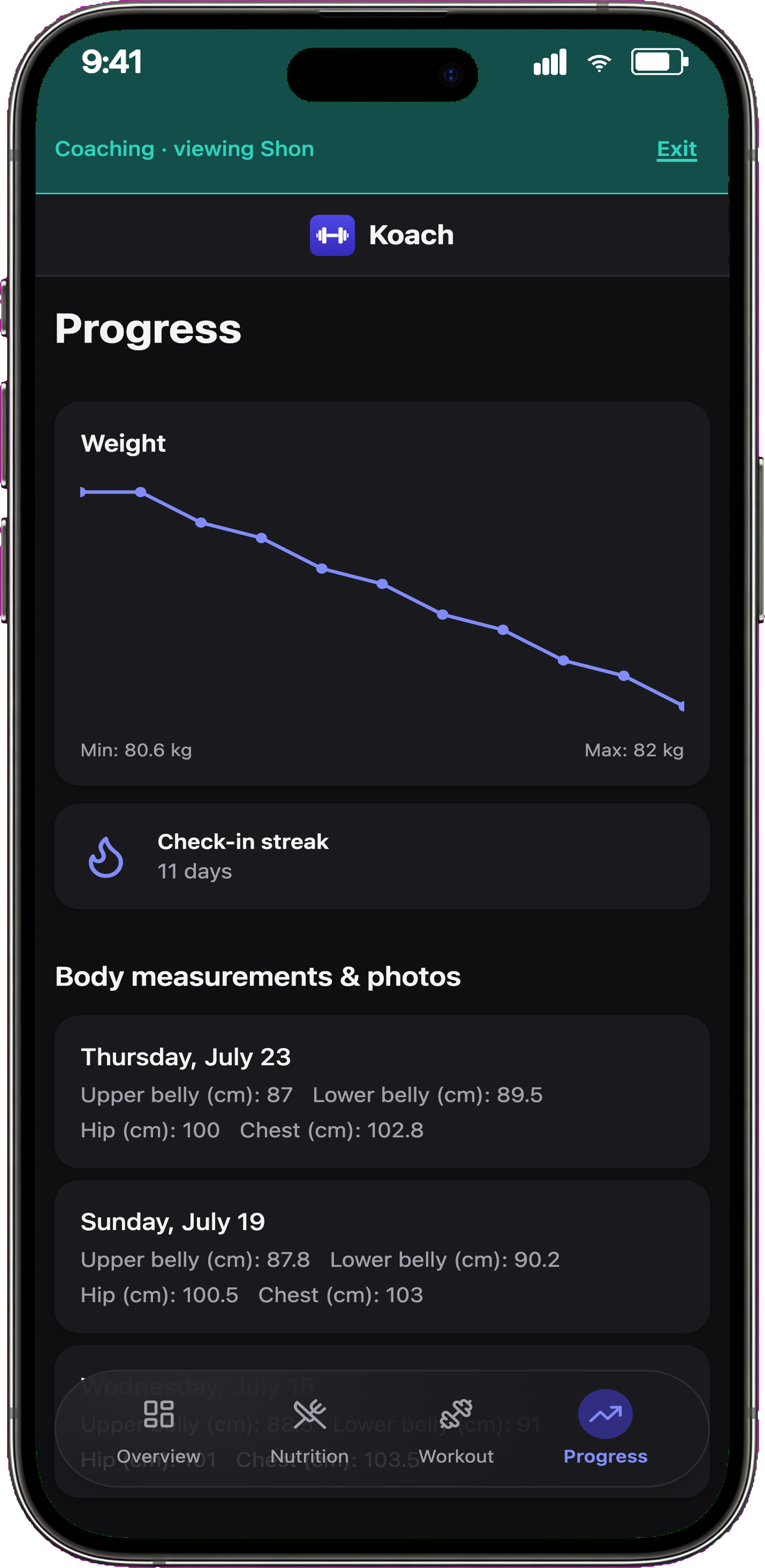 Koach from the coach's side: a client's progress with weight trend and check-in streak