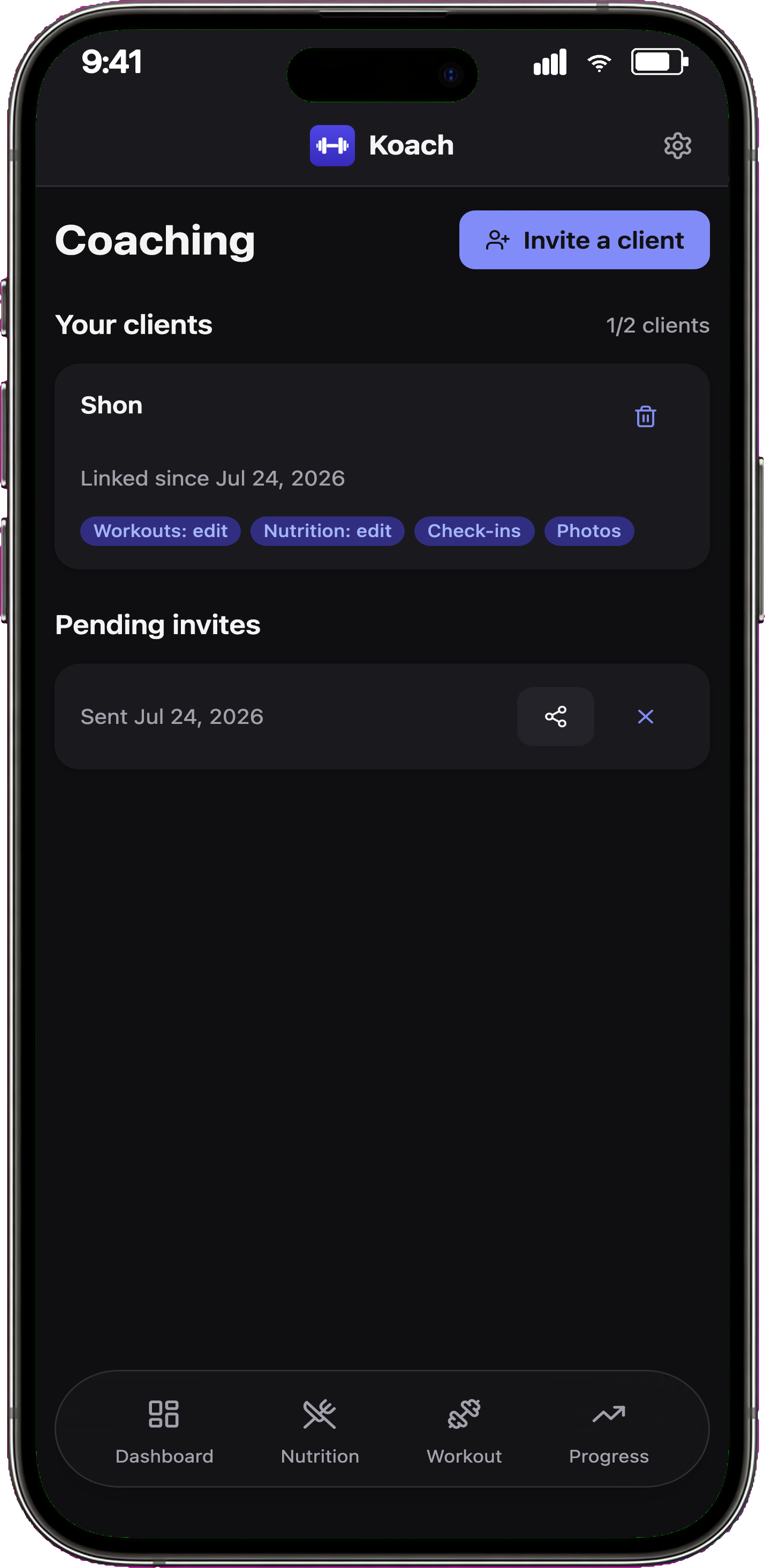 Koach from the coach's side: the client roster with an accepted client and a pending invite
