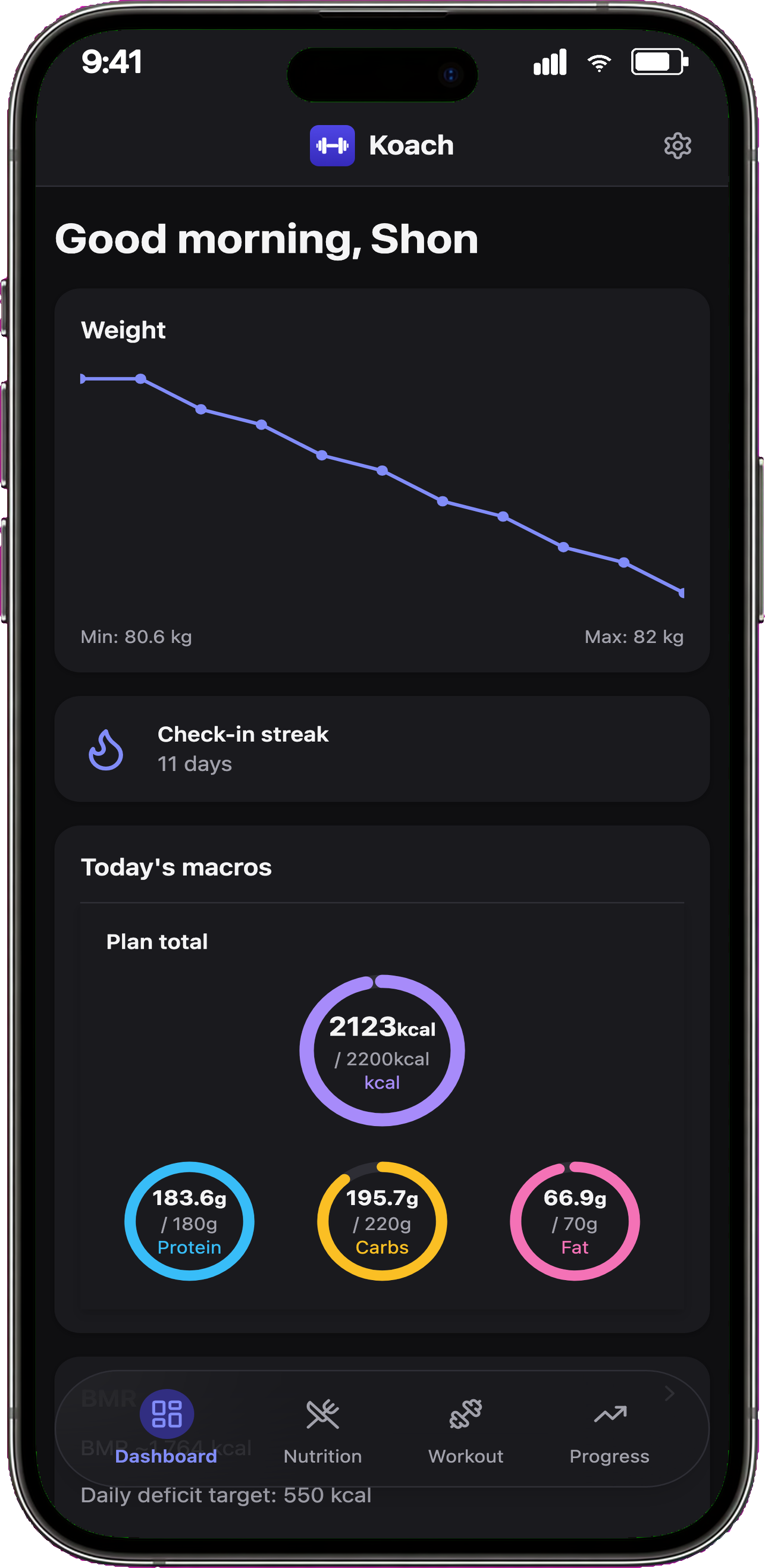 Koach dashboard with daily macro rings and calories